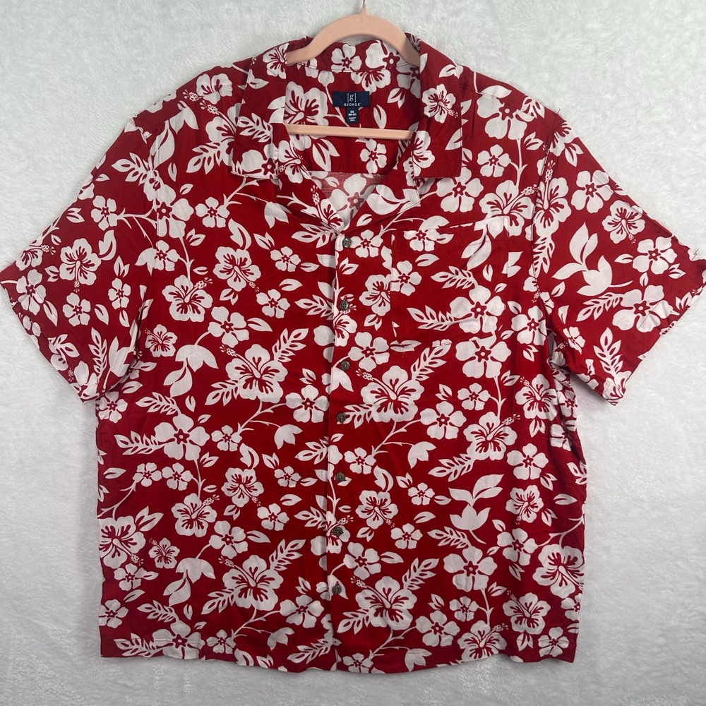 George Button Up Shirt Mens 2XL Red Floral Hawaiian Hibiscus Short Sleeve NWT